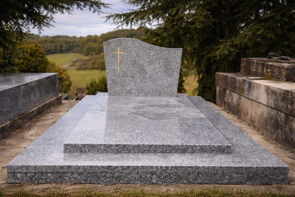 Tombe en granit moderne au cimetière, réalisée par marbrerie-pompes-funebres-mauvezin à mauvezin