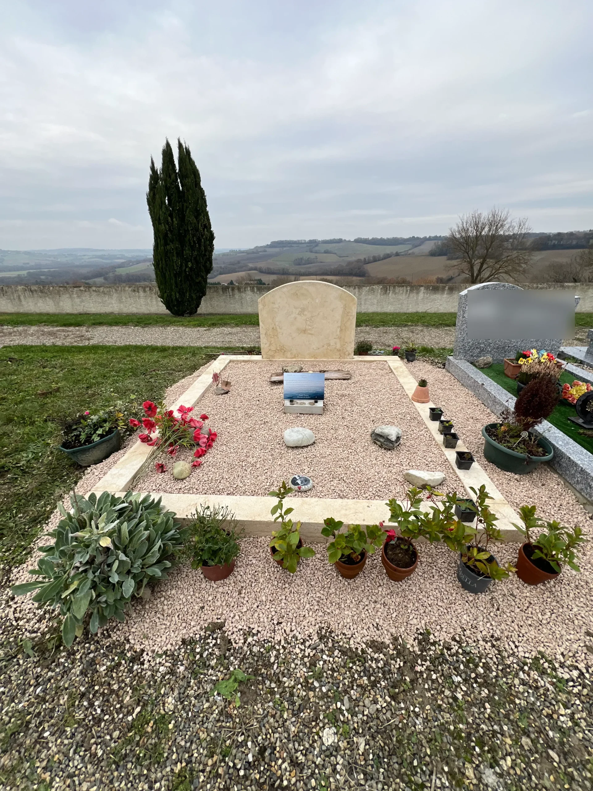 Tombe sobre fleurie en cimetière rural, réalisation marbrerie-pompes-funebres-mauvezin à Mauvezin